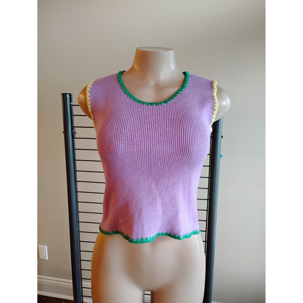 Nolaverse Lavender Purple Ribbed Knit Tank Top Green‎ Yellow Scallop Trim XS